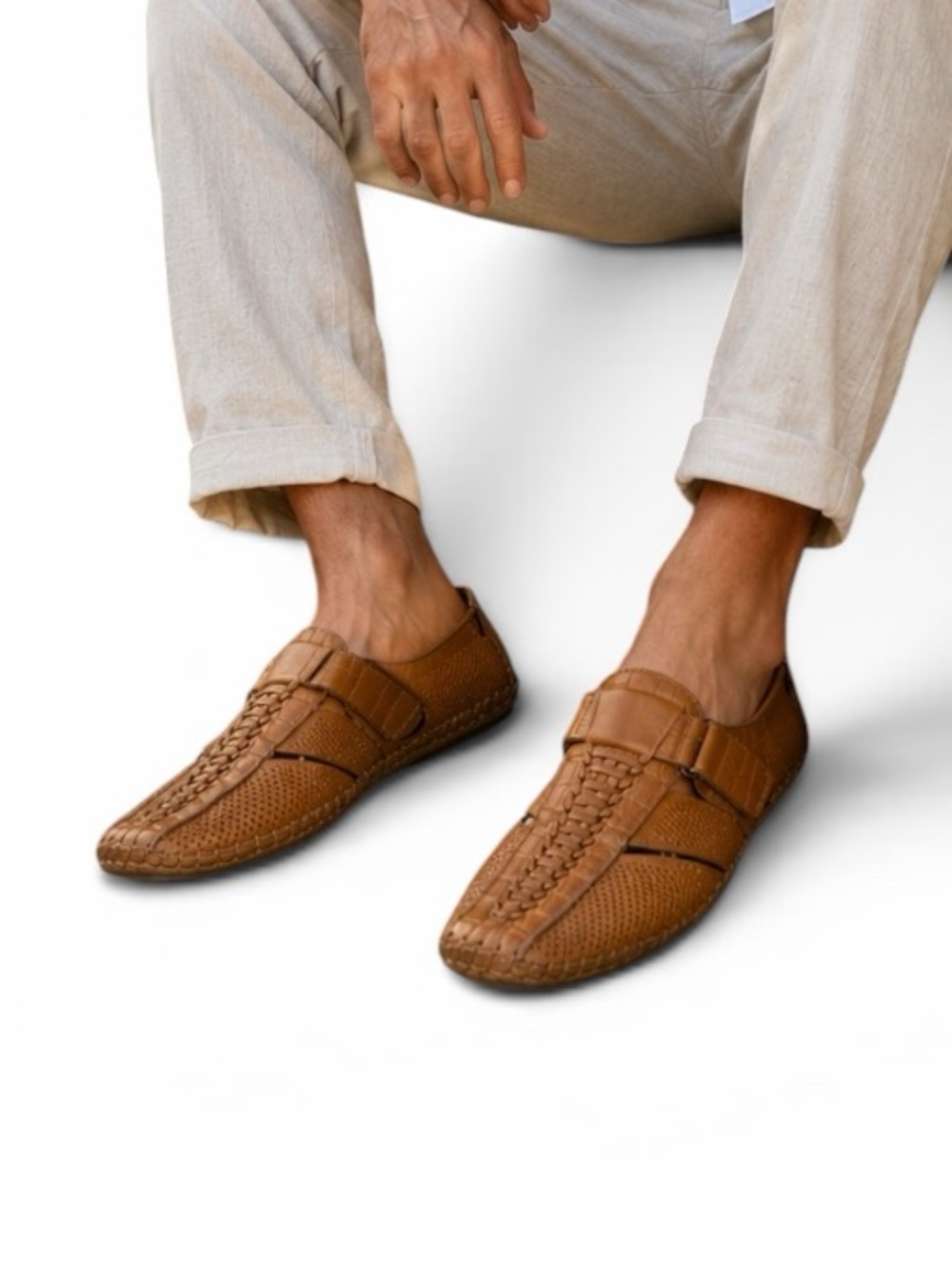 DaVinchi Men's Woven Leather Driving Loafers Tan Perforated Slip On Handmade